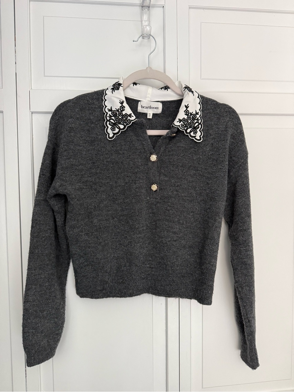 Heartloom Charcoal Knit Sweater with Embroidered White Collar
